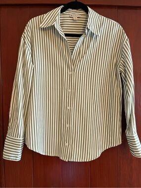 Eliane Rose Striped Long-Sleeve Button-Up Shirt in Olive/White